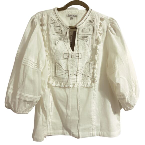 See and Be Seen Cotton Blouse White Size Large Silver Embroidery Poms NWT - Picture 2 of 9